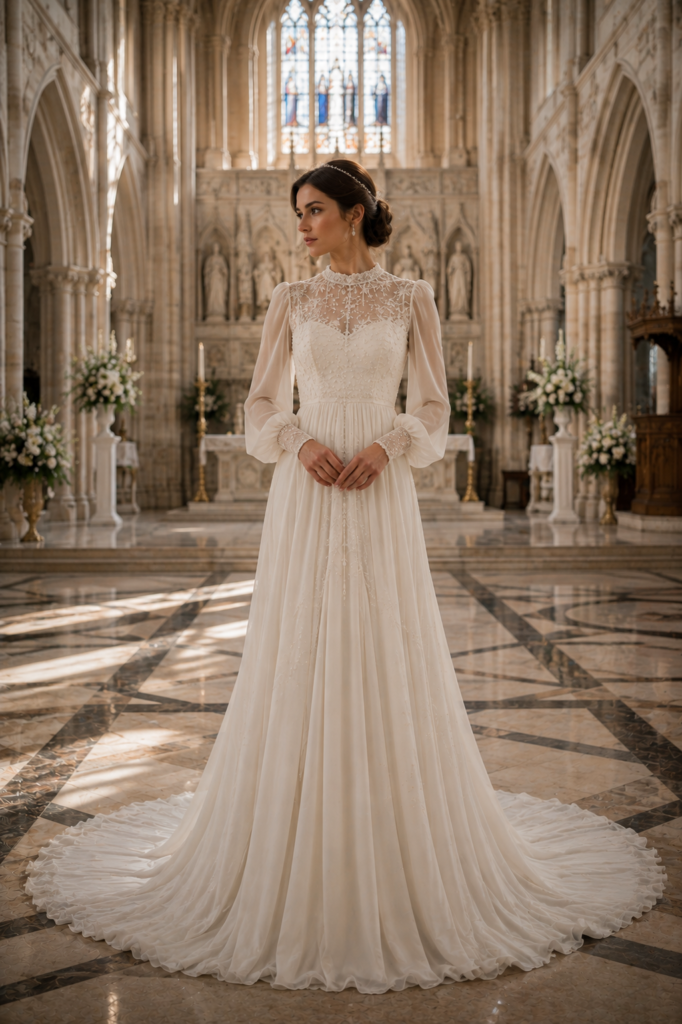 Fairytale wedding dress with high neckline, bishop sleeves, and pearl embroidery