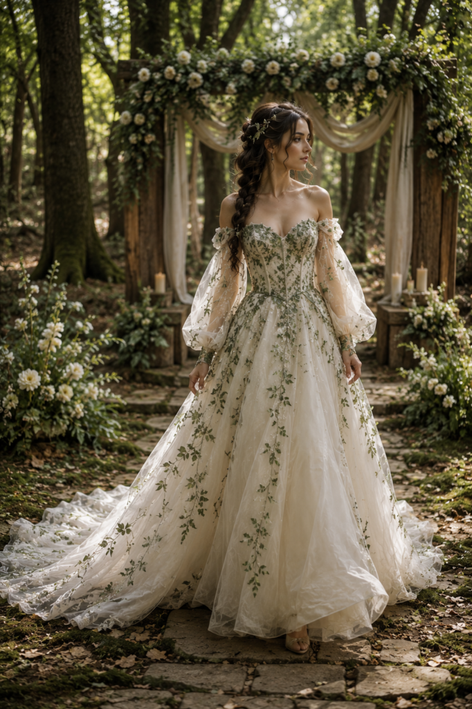 Fairytale wedding dress with ivy embroidery and detachable woodland sleeves