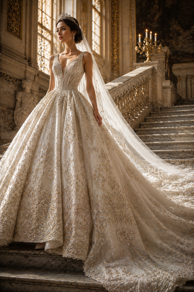 Fairytale wedding dress with royal brocade skirt and cathedral-length train