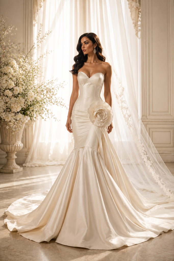 Fairytale wedding dress with sculpted mermaid silhouette and dramatic rosette