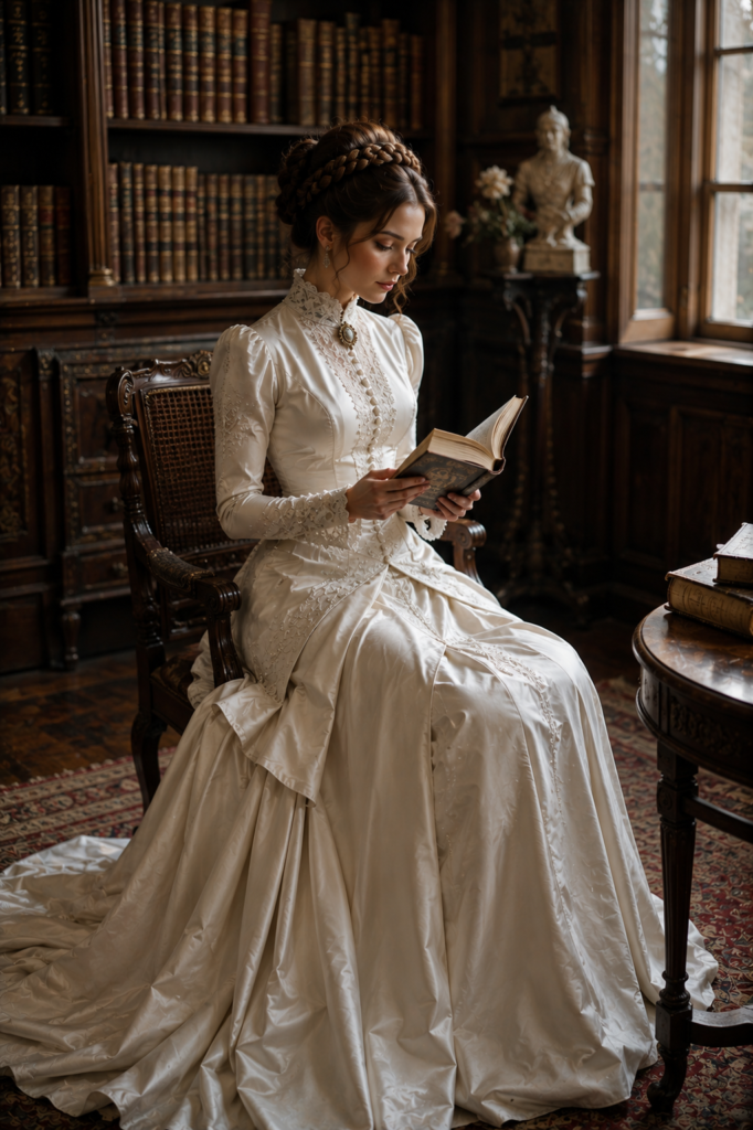 Fairytale wedding dress with Victorian pleats, covered buttons, and lace