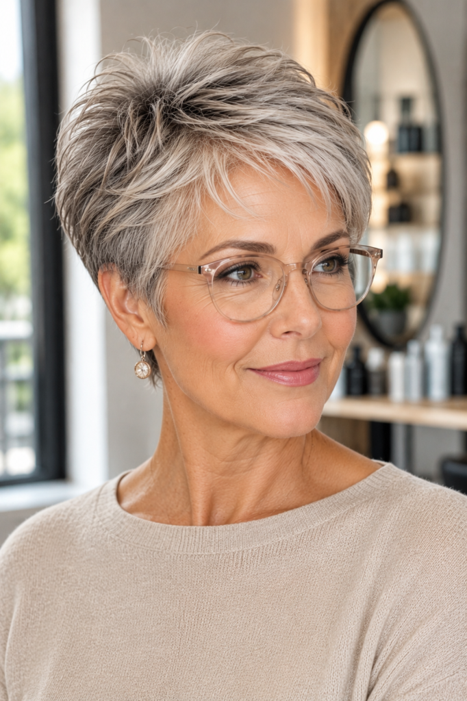 Feathered short crop with airy layers and translucent eyeglass frames.