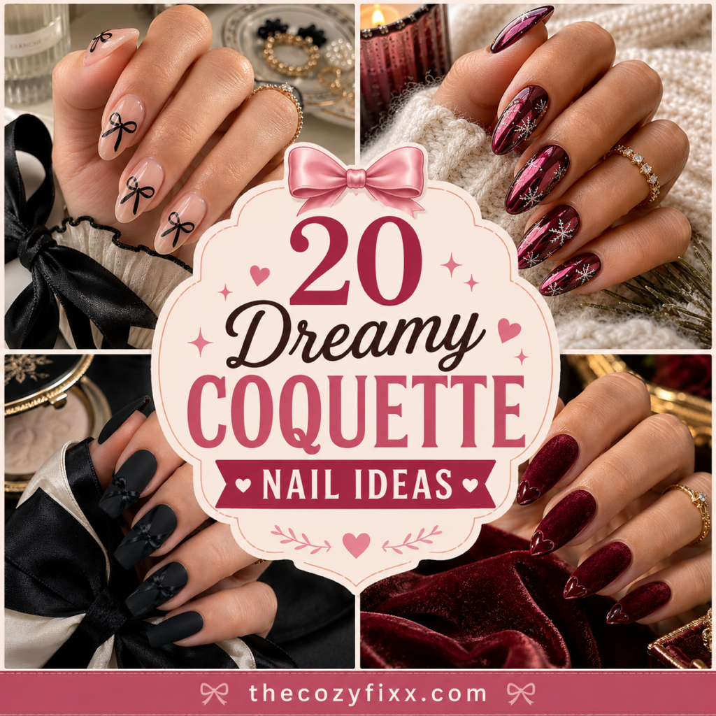 Four coquette nail designs featuring bows, velvet, chrome, and heart details.