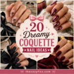Four coquette nail designs featuring bows, velvet, chrome, and heart details.