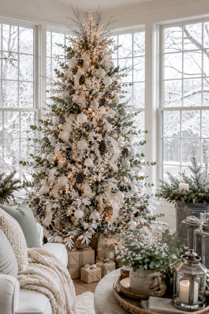 Frosted nature Christmas tree with snowy branches berries and pinecones