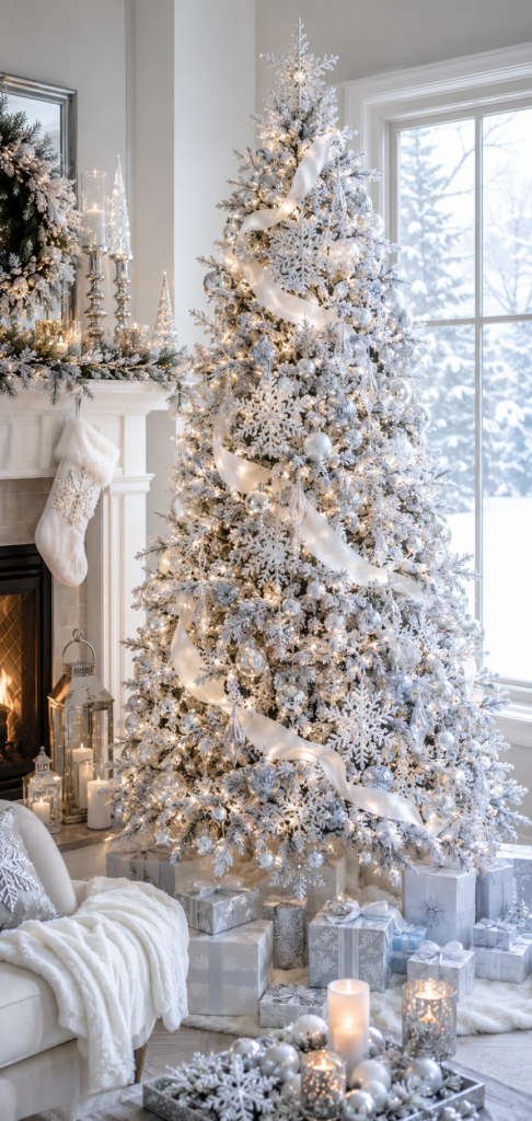 Frosted silver winter wonderland tree with snowflake ornaments