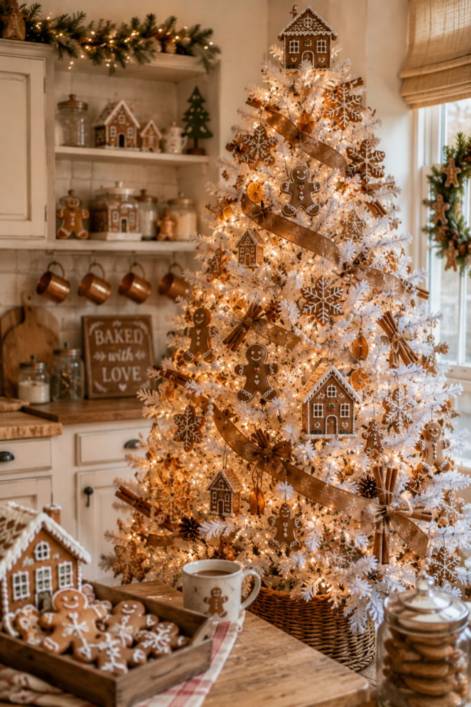 Gingerbread Christmas tree with cookie ornaments and warm bakery details