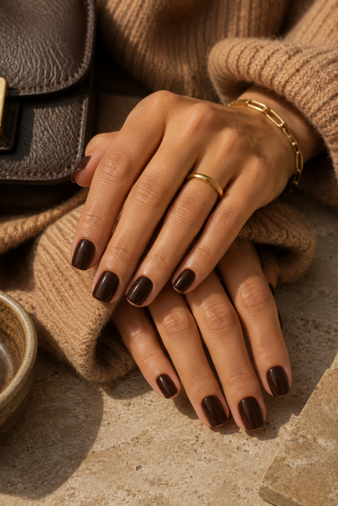 Glossy chocolate brown square nails styled with camel knitwear and gold jewelry.