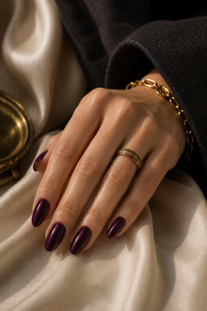 Glossy deep plum almond nails styled with ivory silk and antique-gold jewelry.