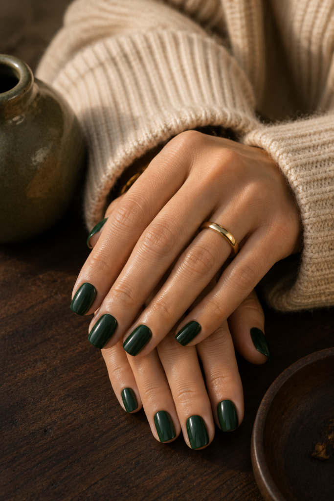 Glossy forest green squoval manicure styled with cream knitwear and dark wood.