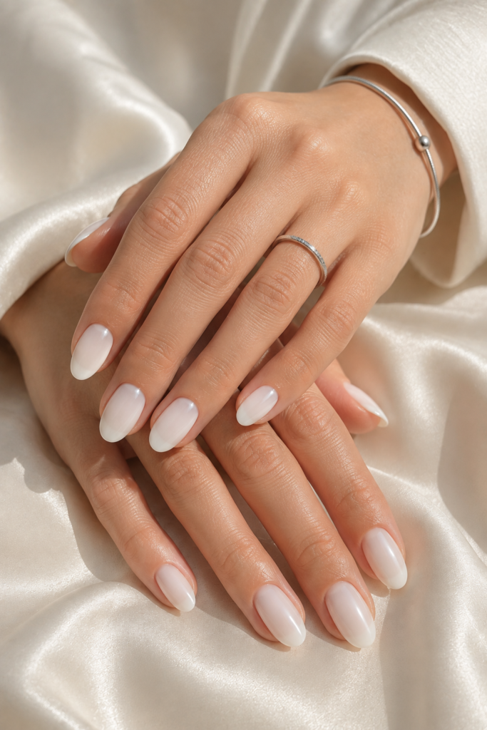 Glossy milky white almond nails styled against ivory satin and silver jewelry.