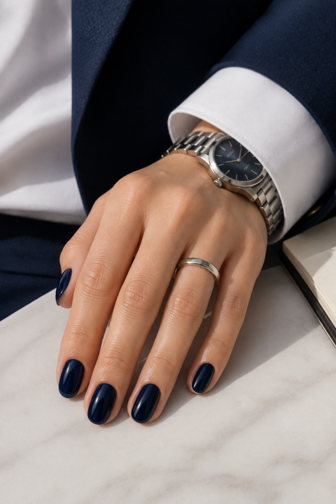 Glossy navy oval nails paired with a crisp white shirt and tailored blazer.