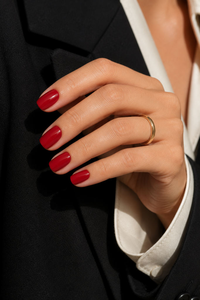 Glossy true red manicure on short rounded-square nails with tailored black clothing.