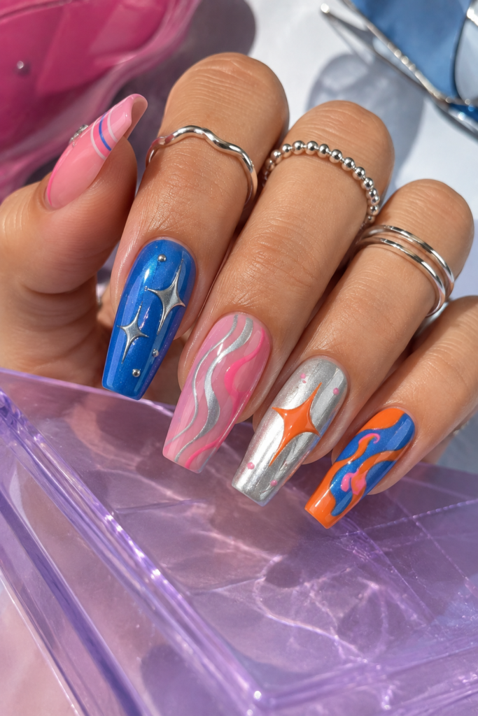 Glossy Y2K nails with electric blue, pink, silver, and orange graphics