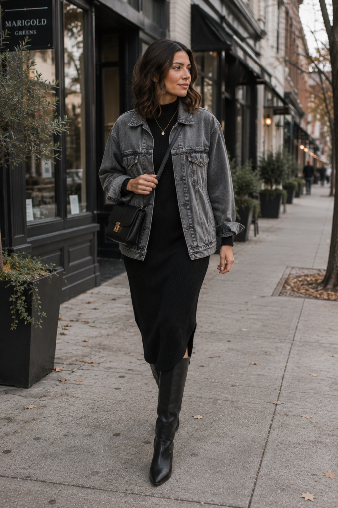 gray fall outfit ideas featuring denim jacket and black knit dress