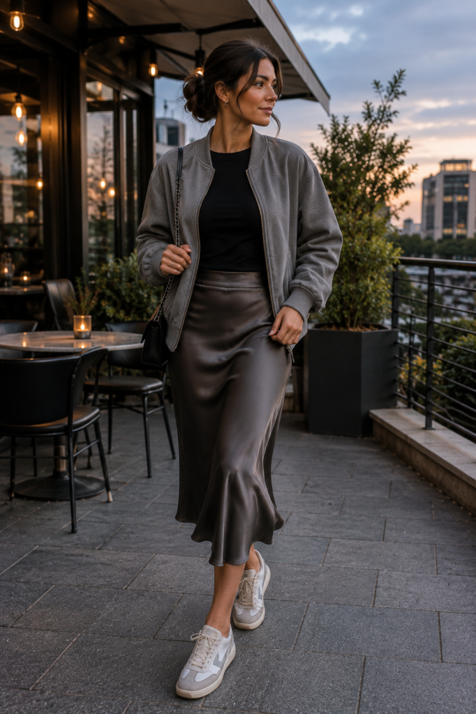 gray fall outfit ideas with bomber jacket and satin midi skirt