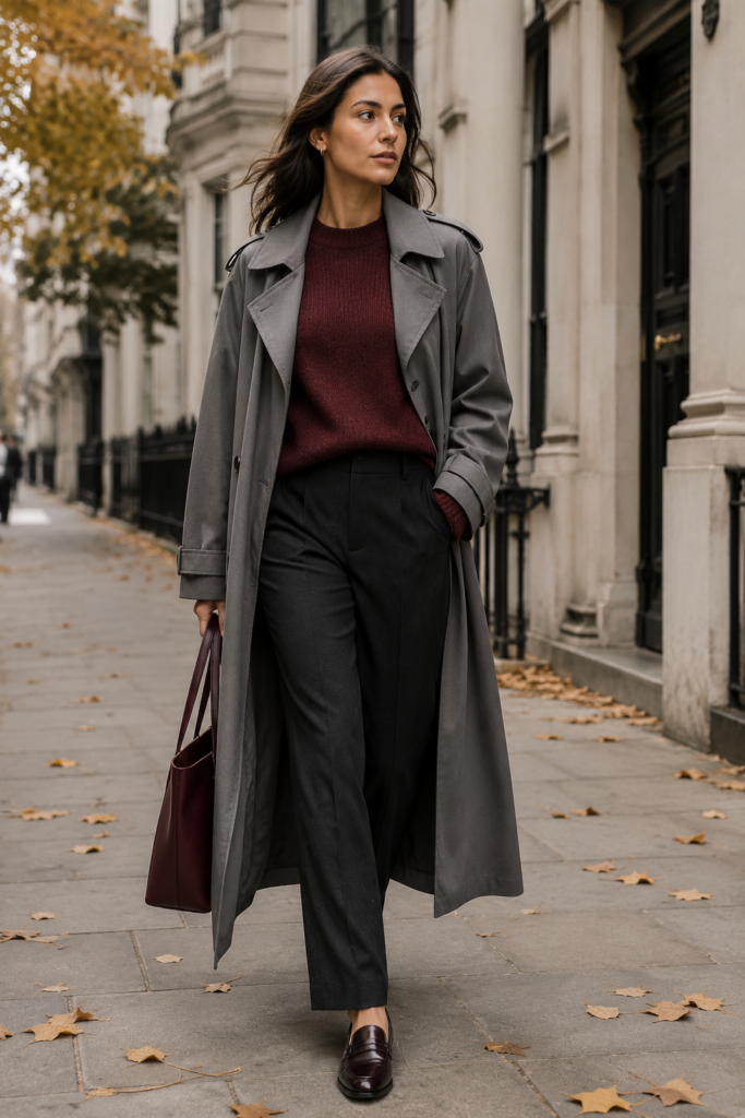 gray fall outfit ideas with burgundy sweater and gray trench coat