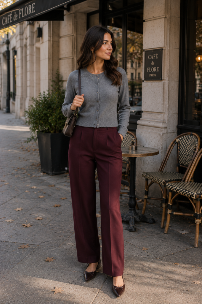gray fall outfit ideas with cardigan and burgundy trousers