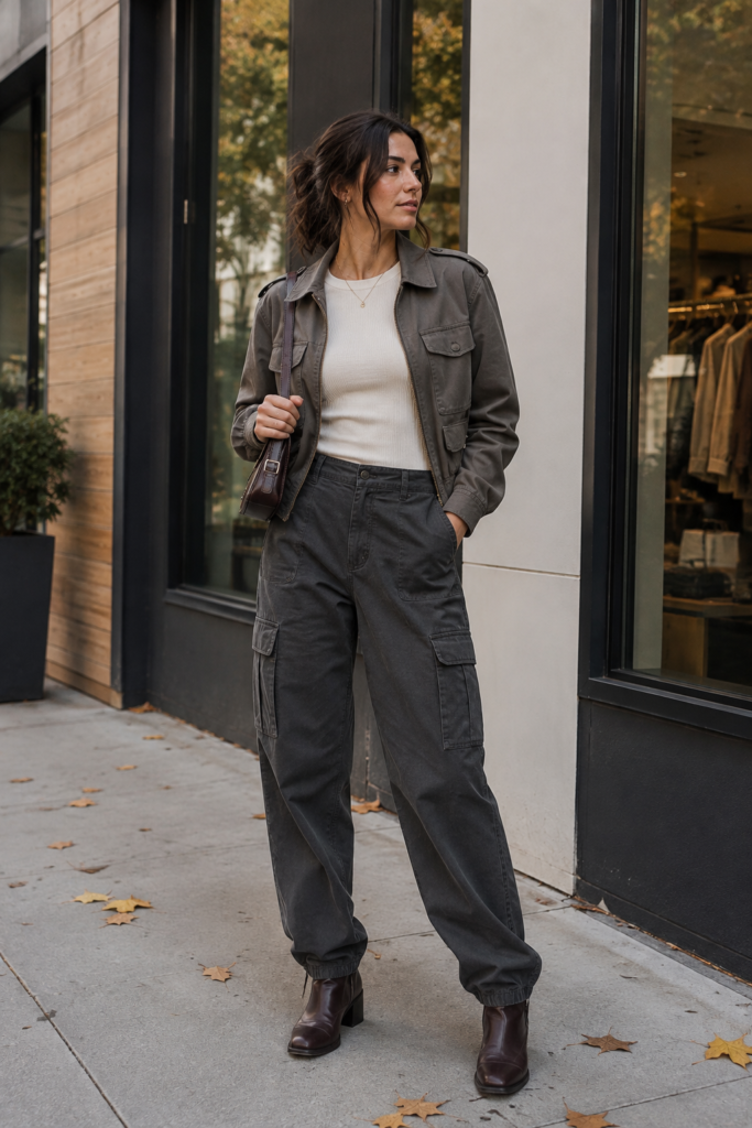 gray fall outfit ideas with charcoal cargo pants and boots