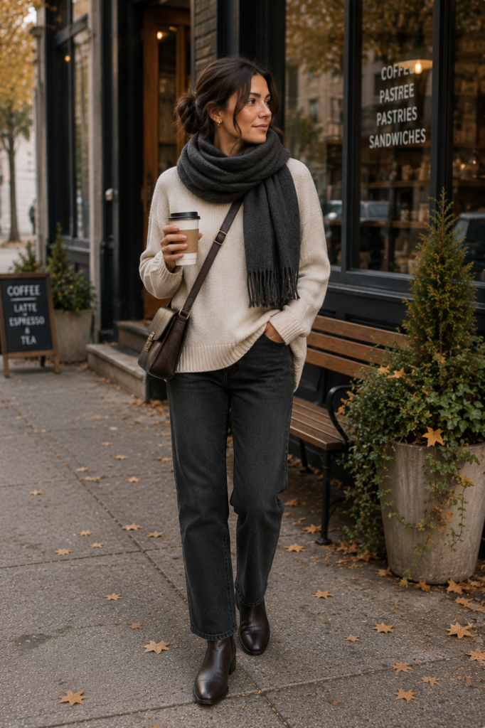 gray fall outfit ideas with charcoal scarf and cream sweater