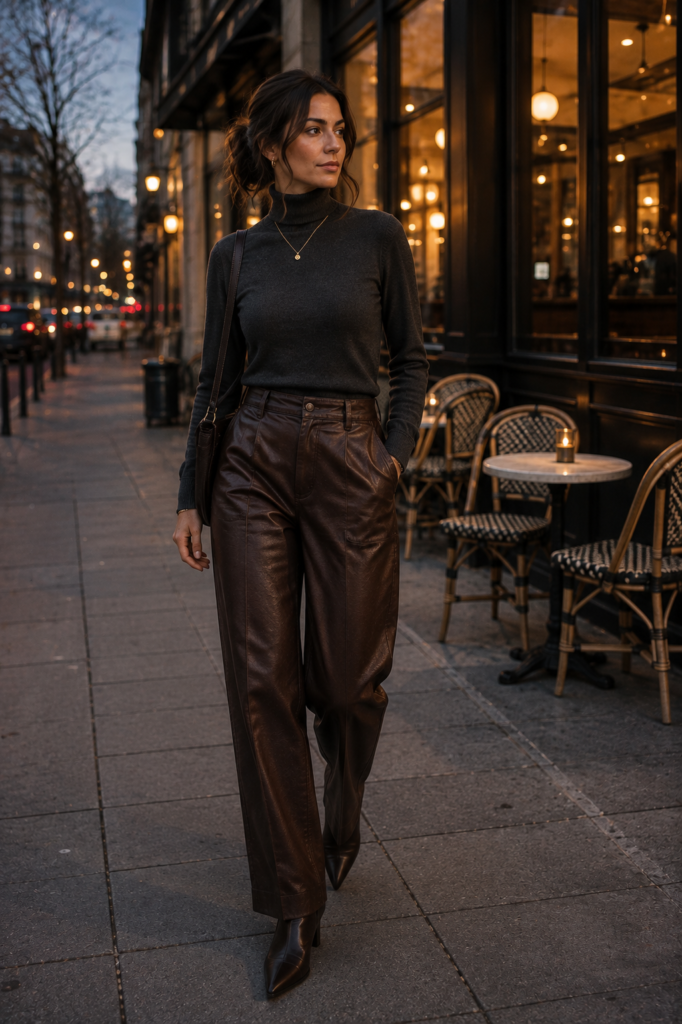 gray fall outfit ideas with charcoal turtleneck and brown leather trousers