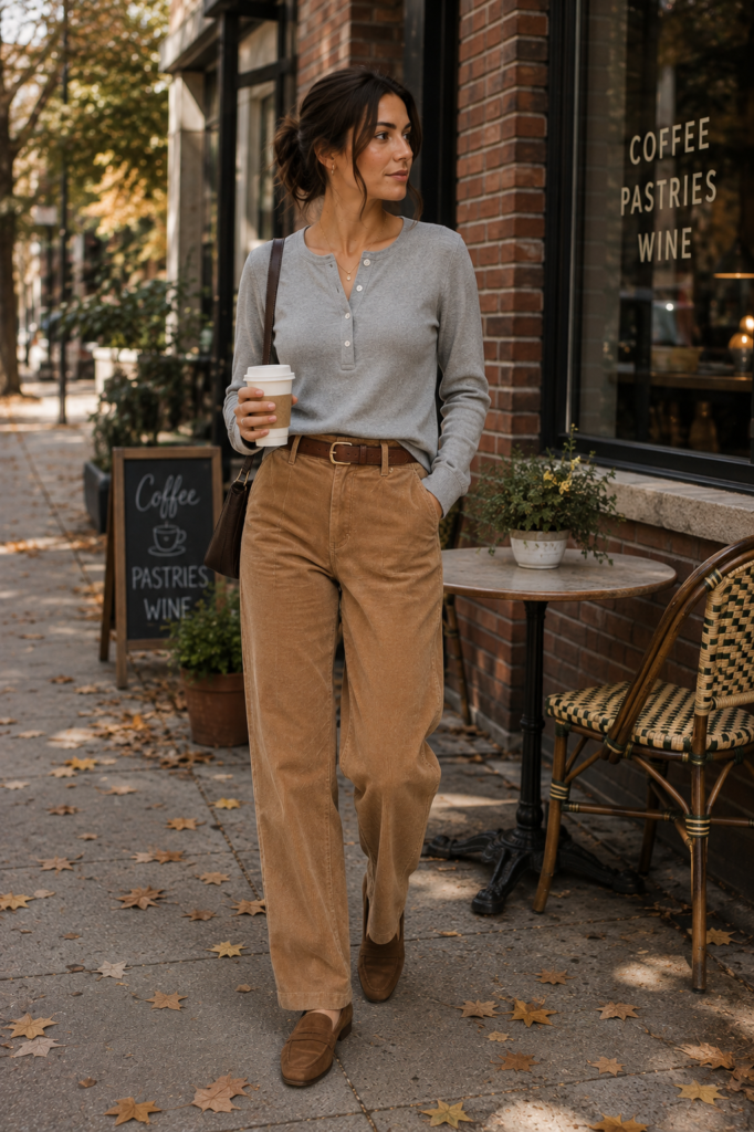 gray fall outfit ideas with gray henley and camel corduroy pants