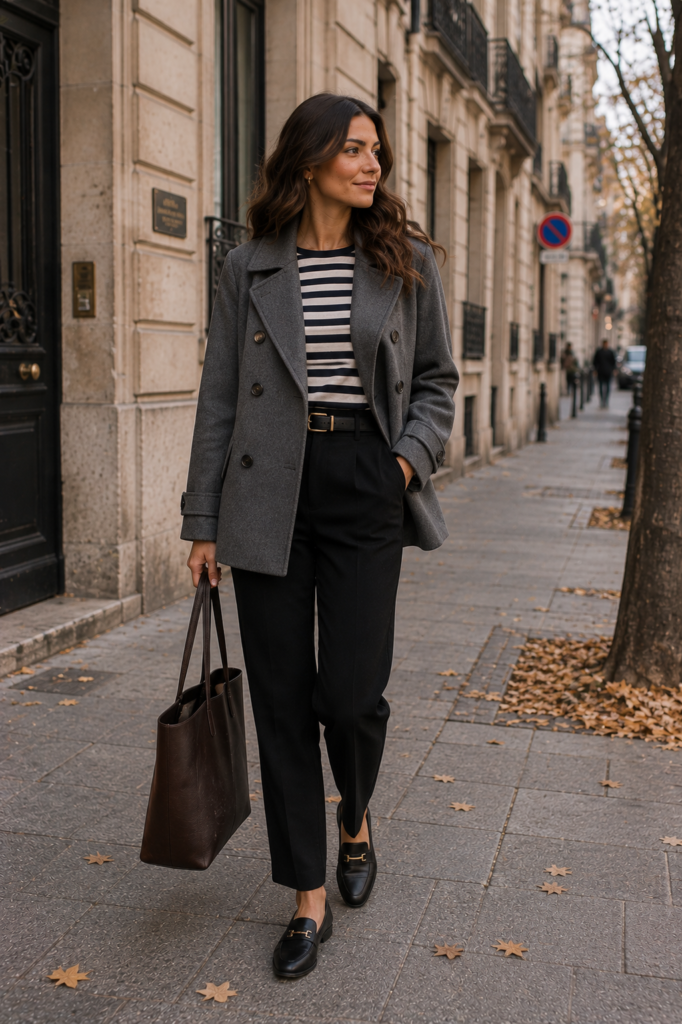 gray fall outfit ideas with gray peacoat and Breton stripes