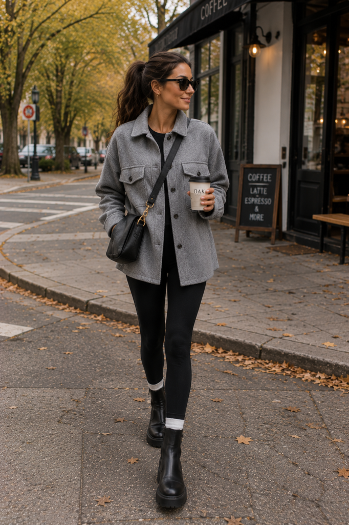 gray fall outfit ideas with gray wool shacket and black leggings