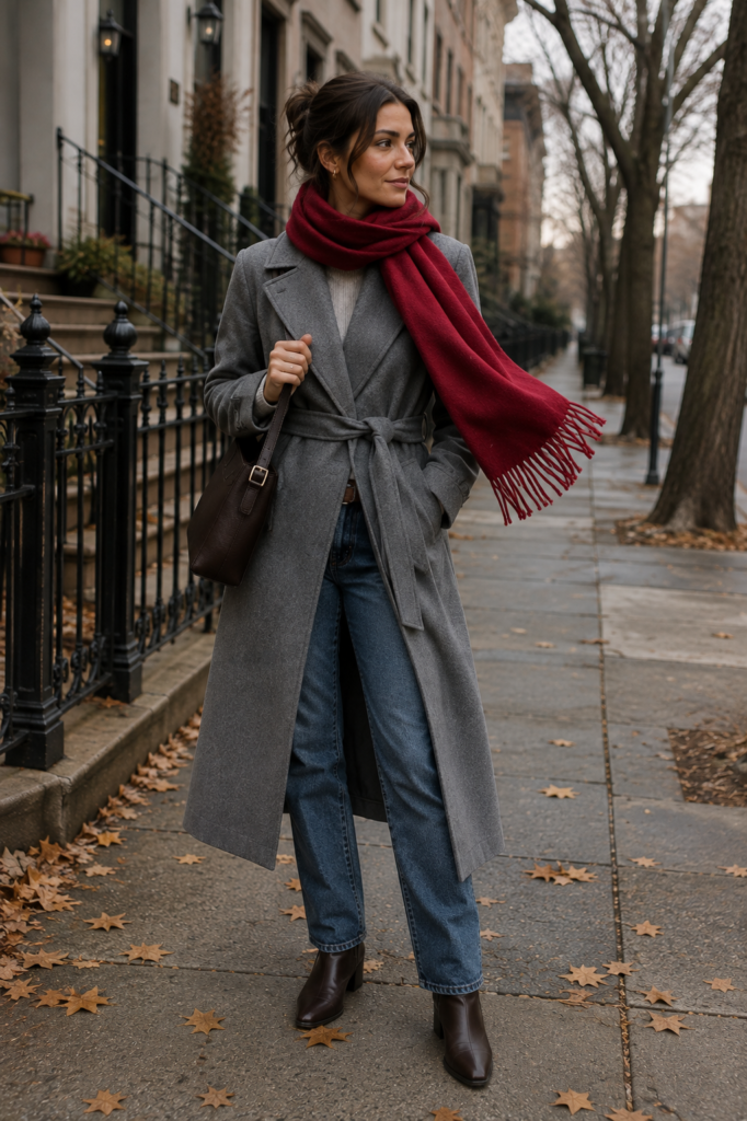 gray fall outfit ideas with gray wrap coat and red scarf