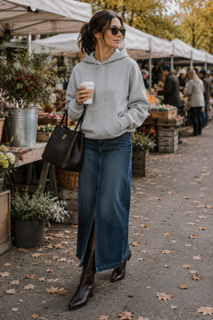 gray fall outfit ideas with hoodie and long denim skirt