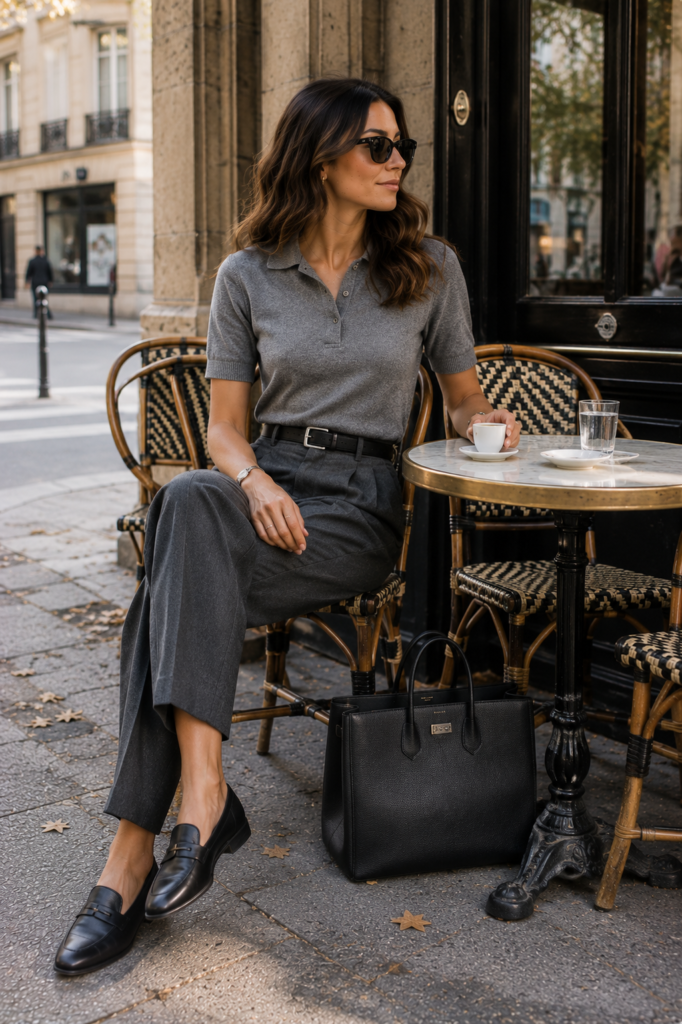 gray fall outfit ideas with knit polo and pleated trousers