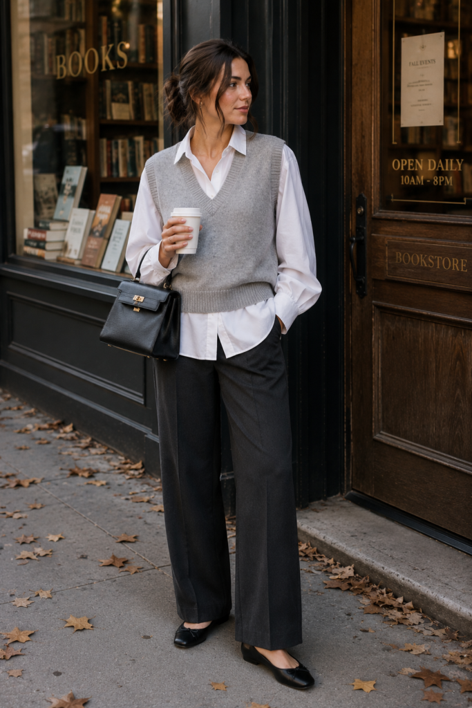 gray fall outfit ideas with light gray sweater vest layers