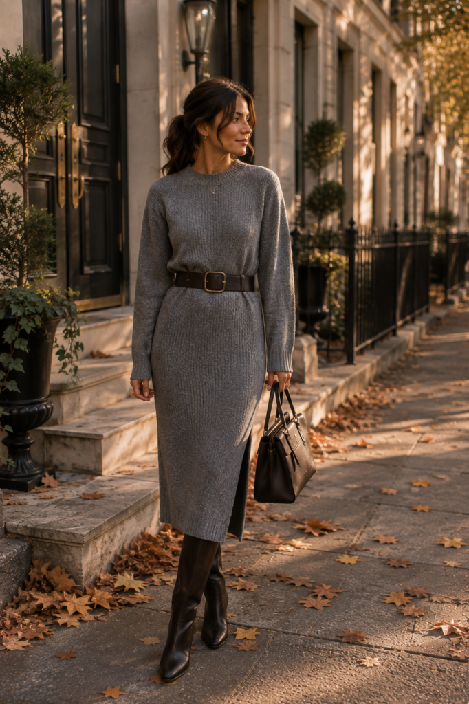 gray fall outfit ideas with sweater dress and statement belt