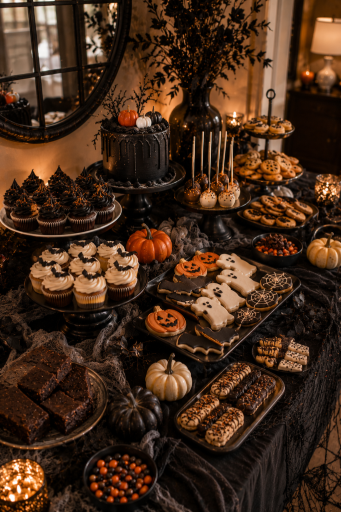 Halloween dessert table with layered treats, pumpkins, and dark seasonal accents