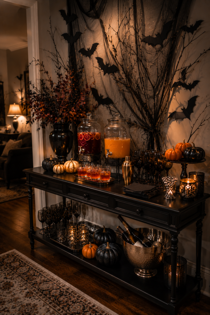 Halloween drink station styled with dark glassware, pumpkins, and a spooky backdrop