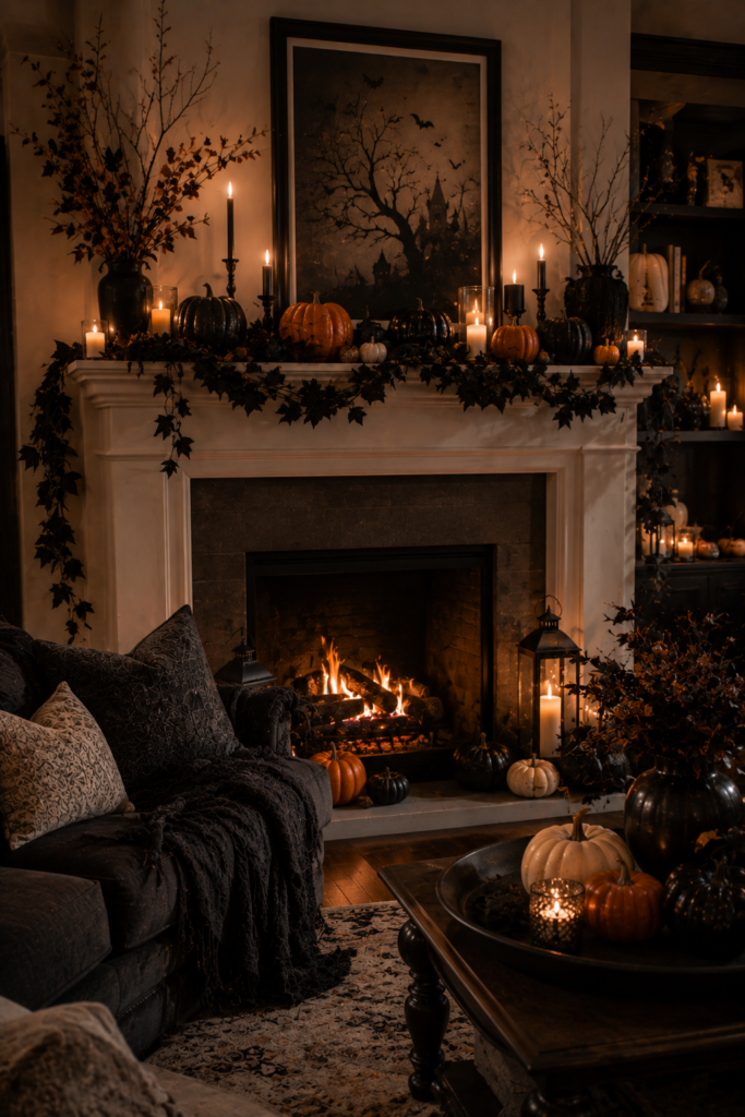 Halloween fireplace mantel styled with pumpkins, dark foliage, candles, and seasonal accents