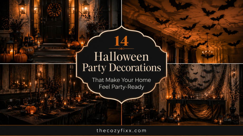 Halloween party decorations cover featuring a 2×2 collage of a decorated front door, bat-filled ceiling, gothic dining table, and stylish Halloween photo backdrop.
