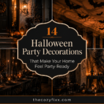 Halloween party decorations cover featuring a 2×2 collage of a decorated front door, bat-filled ceiling, gothic dining table, and stylish Halloween photo backdrop.