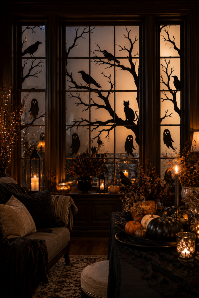 Halloween window silhouettes creating spooky shadows against softly lit glass