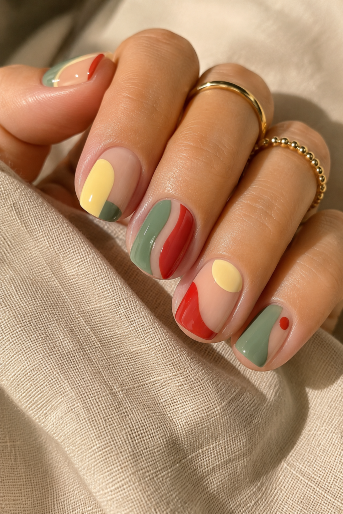 Jade, butter yellow, and tomato red color-blocked whimsical nails