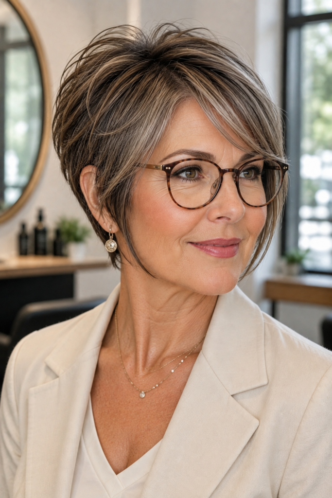 Layered pixie bob with longer front pieces and rounded glasses.