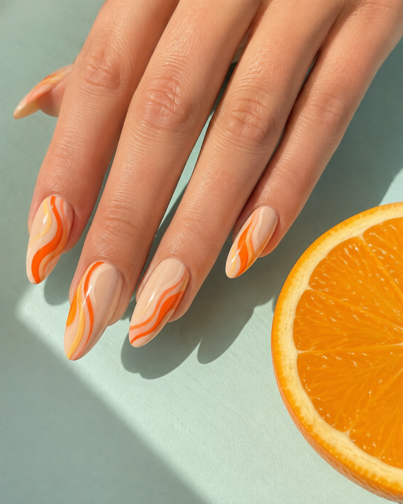 Long almond nails with a creamy sheer base and flowing orange, tangerine, and peach swirl designs, paired with a sliced orange on a pale aqua surface in bright summer sunlight.