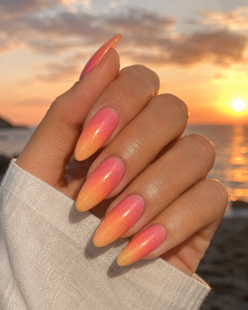 Long almond nails with a glossy sunset ombré gradient blending coral, rosy pink, warm peach, soft orange, and golden shimmer, photographed against a dreamy blurred sunset sky with warm cinematic backlighting.