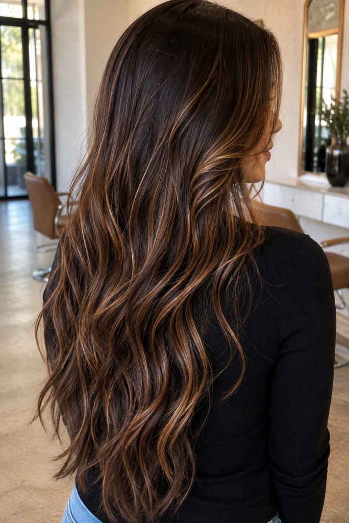 Long chocolate brown layered hair with toasted caramel highlights in flowing loose waves.