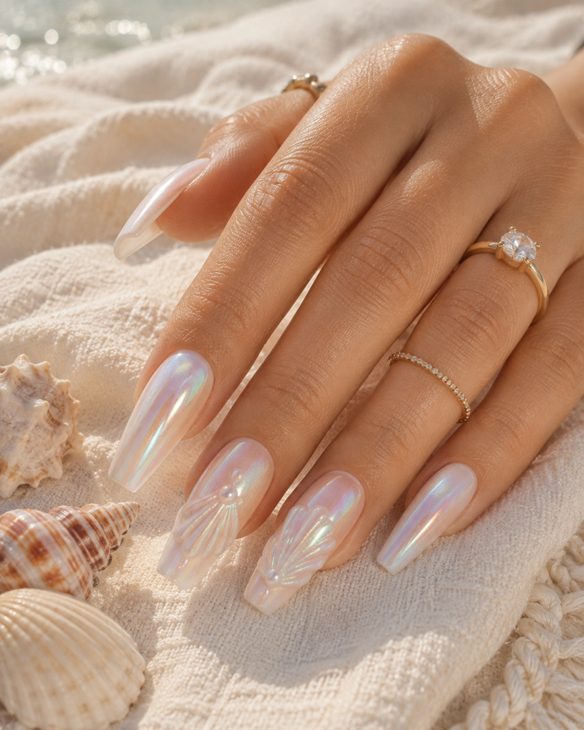Long coffin nails with a translucent pearly-white iridescent glaze and delicate raised seashell accents, hand resting on a pale ivory beach towel beside natural seashells in warm late-afternoon sunlight.
