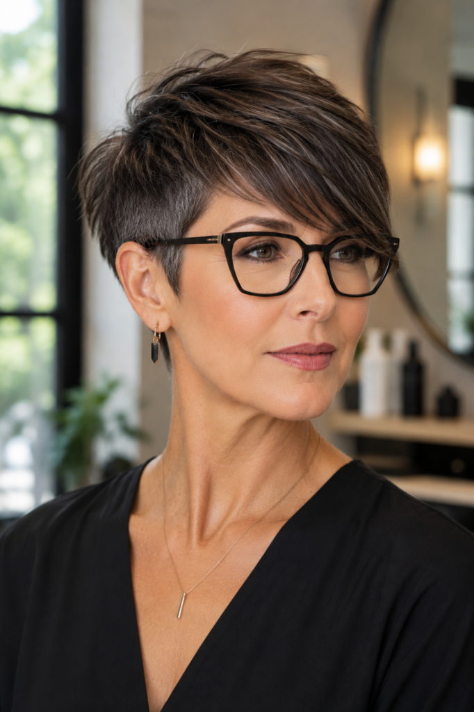 Long-fringe pixie haircut paired with bold geometric glasses.