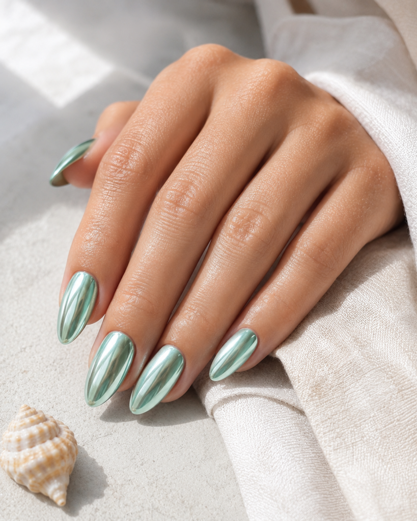 Luminous seafoam-green chrome almond nails with a smooth glazed metallic shine, hand resting beside folded cream linen and a delicate seashell in soft coastal daylight, creating an elegant, minimalist summer manicure aesthetic.