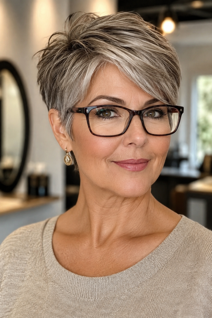 Mature woman wearing rectangular glasses with a soft side-swept pixie haircut.