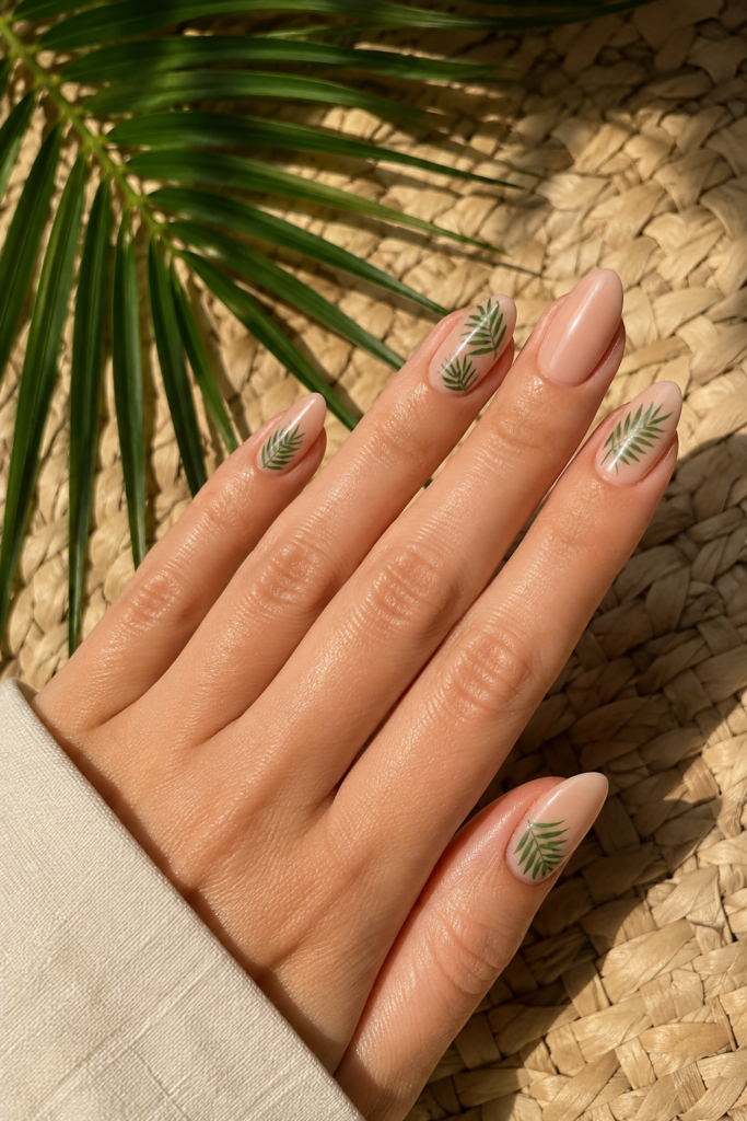 Medium almond nails with a glossy creamy nude base and delicate green palm-leaf accents, hand resting on a woven neutral surface beside a tropical leaf in warm golden sunlight.