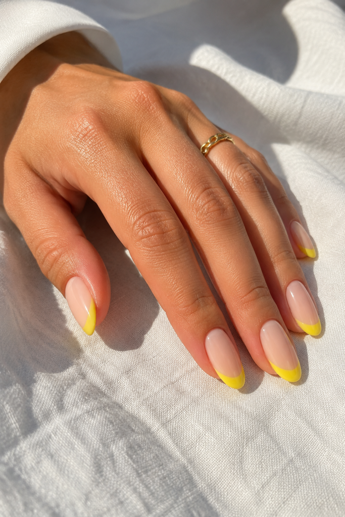 Medium almond nails with glossy buttery-yellow French tips on a sheer nude base, resting on white linen in bright sunlight.